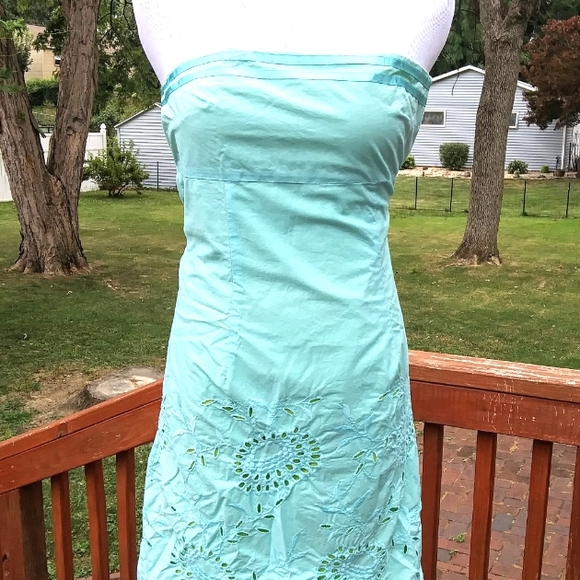 Express Turquoise Strapless Eyelet Dress - Picture 4 of 6